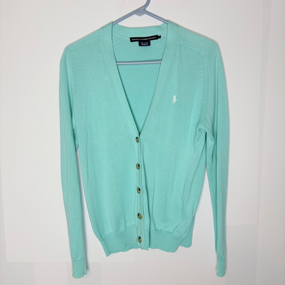 Ralph Lauren Sport Cardigan Large Preppy Mint Green Cotton V-Neck Logo Sweater